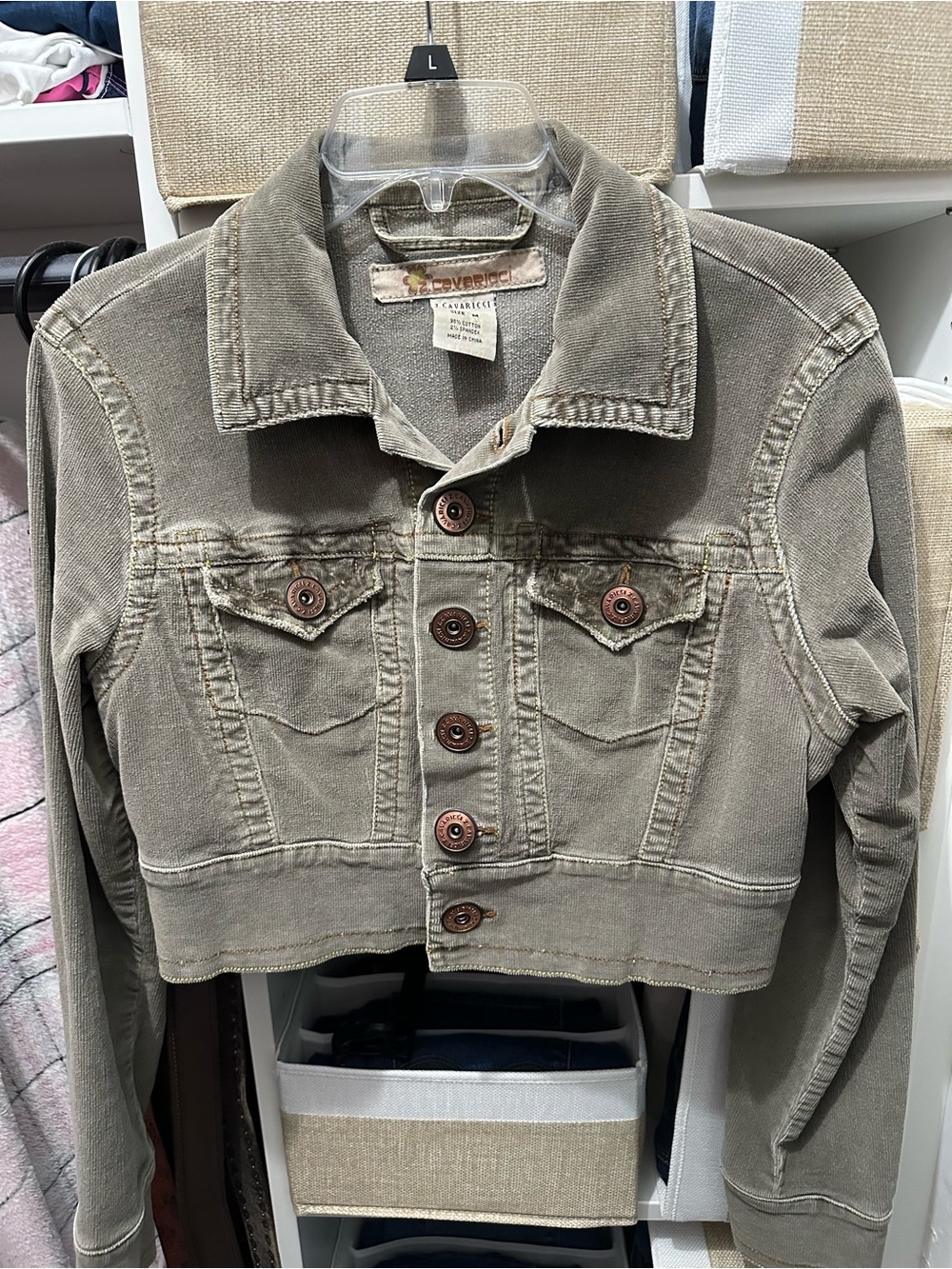 Z Cavaricci Corduroy Olive Cropped Button-Front Jacket - Women Size Medium.